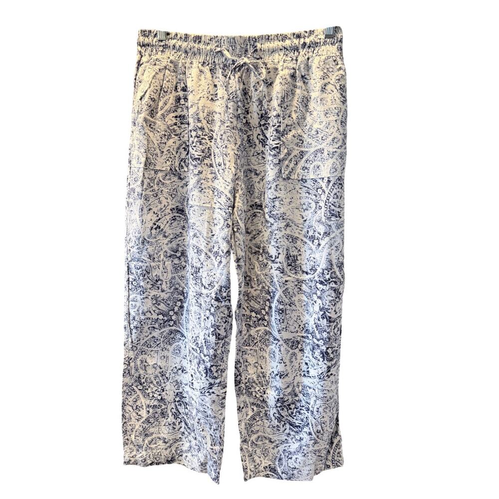 Royalty Collection Wide Leg Linen Blend Abstract Print Pants M Blue White Resort